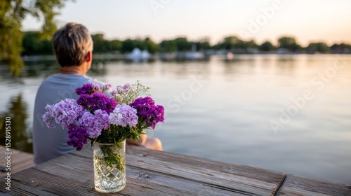 Peaceful man gazing at tranquil river at dusk from wooden deck with vibrant wildflowers in a vase, capturing reflective outdoor moment with soft evening light photo