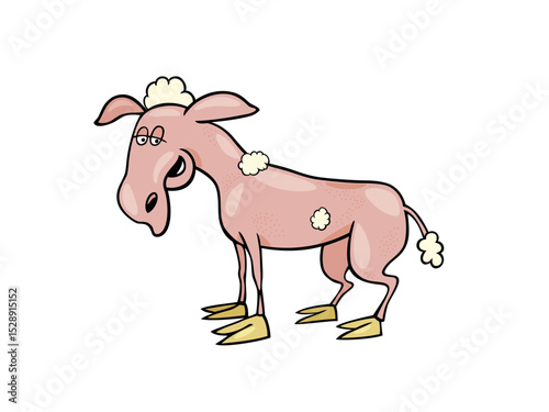 Cartoon pink donkey with patches and chicken feet