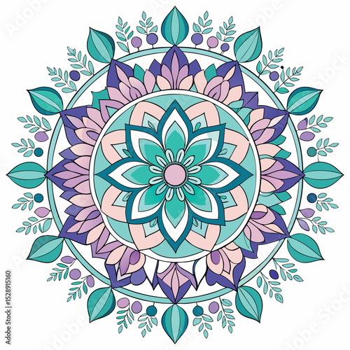 Floral Mandala Design in Teal Purple and Pink on White Background