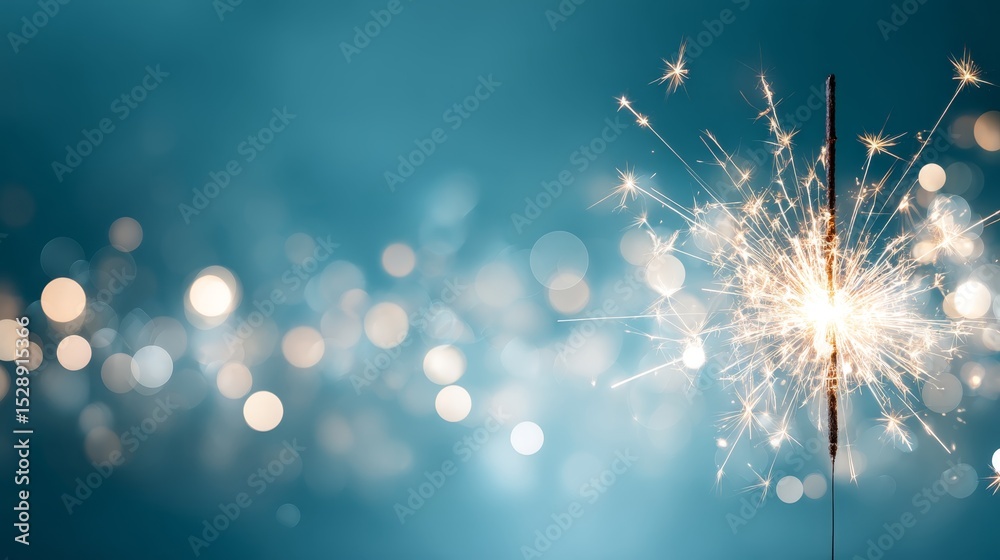 Obraz premium Bright sparker with sparkling trails against navy bokeh background capturing joy and celebration in medium shot