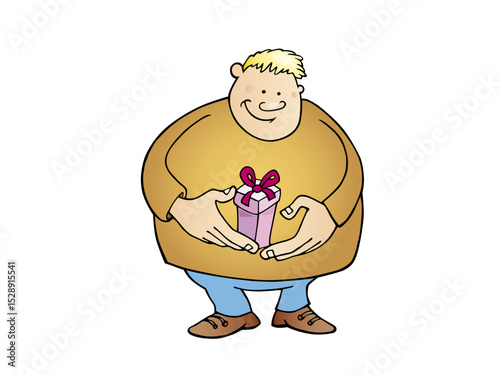 Happy man holding a gift box cartoon illustration