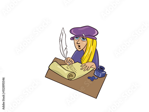 Young woman writing with quill pen and inkwell