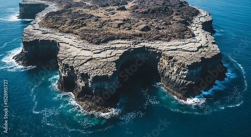 Aerial view of volcanic island with ocean cave and cliffs