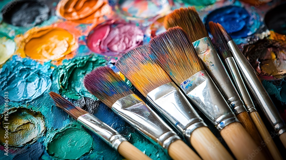 Obraz premium Painterly tools and vibrant colors: paintbrushes rest on a palette of richly textured oil paints, ready for artistic creation.
