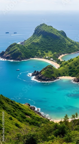 Serene tropical island cove with lush green hills and turquoise waters