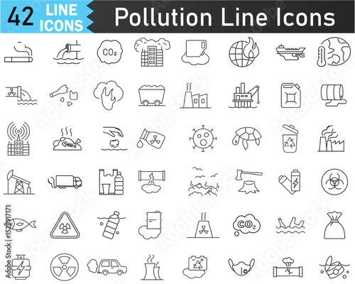 Environmental Pollution Vector Icons. Air, Water, Land, Waste, and Industrial Contamination Line Style Pack, Editable Stroke