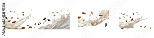 Set of almond milk splashes with nuts isolated on transparent background