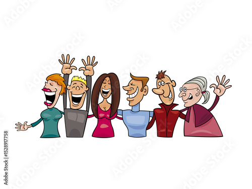 Illustration of cartoon illustration of a group of happy people isolated on white background