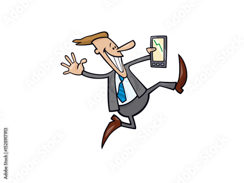 Illustration of cartoon businessman celebrating bad news on the stock market isolated on white background