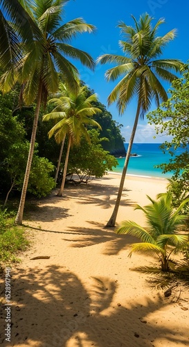 Tropical beach paradise with lush palm trees and golden sand
