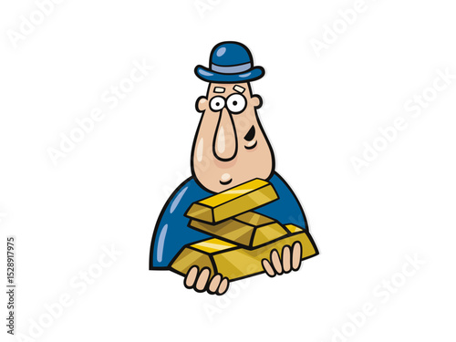 Illustration of cartoon businessman holding gold bars isolated on white background