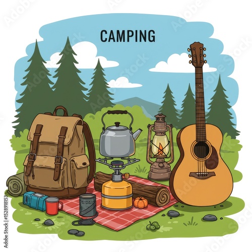 A collection of web pages featuring people relaxing at a summer campsite in nature. Ideal for themes like travel, hiking, road trips, camping, and outdoor adventures.