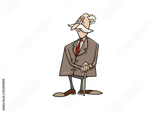 Illustration of cartoon illustration of senior man with cane isolated on white background
