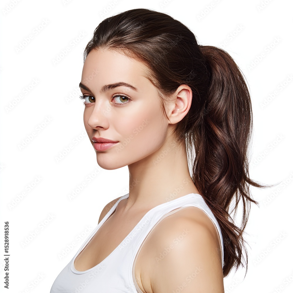 Fototapeta premium Woman with ponytail hairstyle brunette hair beauty portrait style guide fashion model clean background studio shot