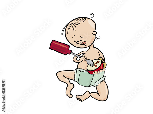 Illustration of cartoon illustration of a baby eating from a jar isolated on white background
