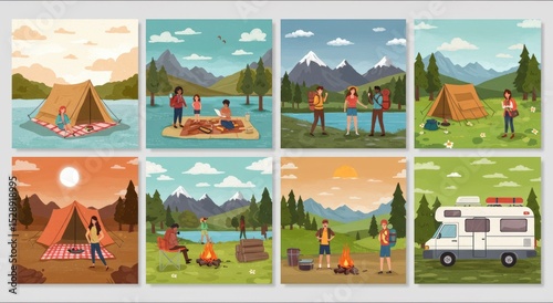 A collection of web pages featuring people relaxing at a summer campsite in nature. Ideal for themes like travel, hiking, road trips, camping, and outdoor adventures.