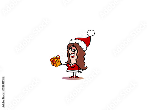 Cartoon woman in santa hat holding gift