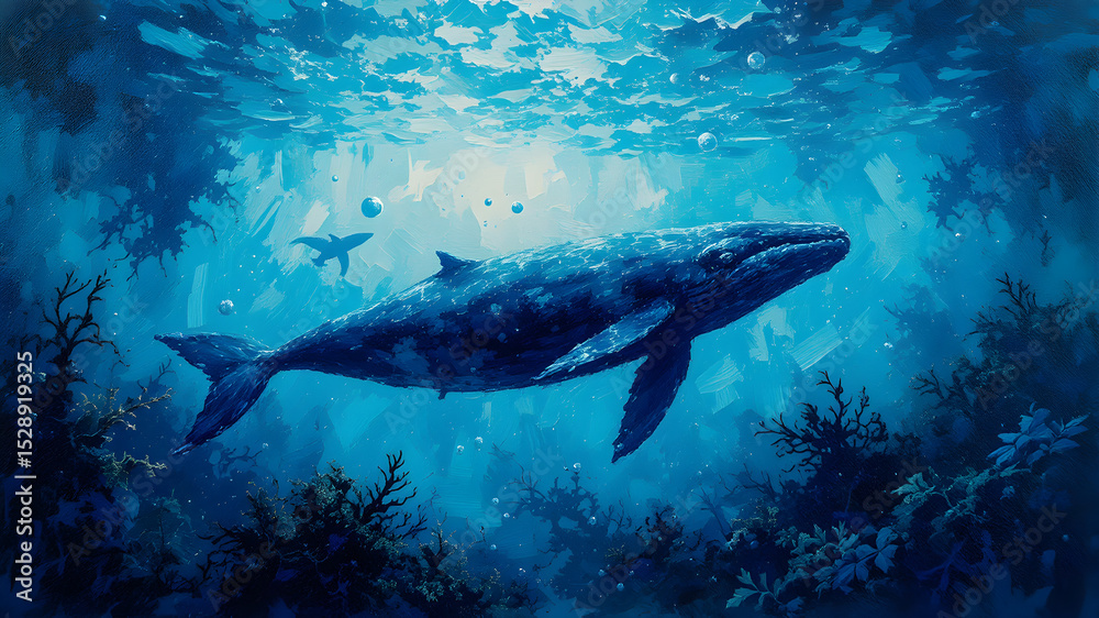 Fototapeta premium Serene Double Exposure Whale Pod Silhouette Over Coral Reef at Twilight