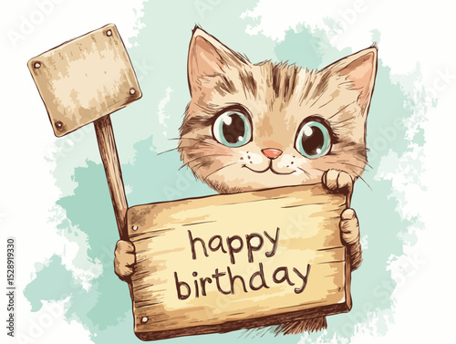 cat showing happy birthday plackcard