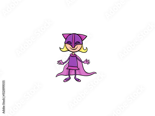 Cute Cartoon Little Girl Superhero with Pink Cape and Mask Ready to Save the Day