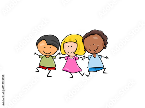 Three Diverse Happy Stick Figure Children Holding Hands and Dancing Together