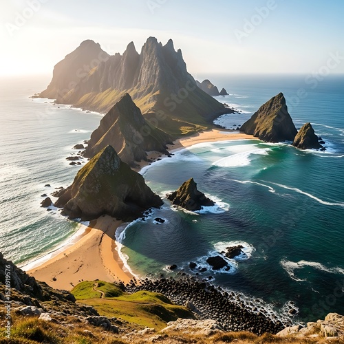 Secluded beach cove surrounded by dramatic mountain peaks