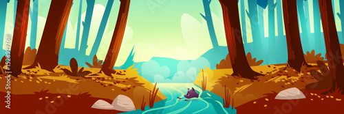 Autumn forest landscape with tall brown trees, golden leaves scattered on ground. Blue river winds through woods where skunk swims across water. Rocks on stream banks, misty hills beyond fall scene.