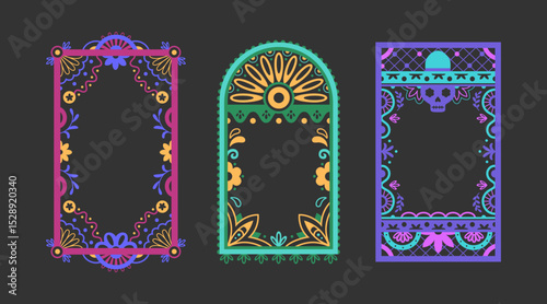 Vibrant Mexican decorative frame borders on dark background. Traditional papel picado style with colorful floral patterns, skulls. Festive ornamental rectangles for celebration design elements.