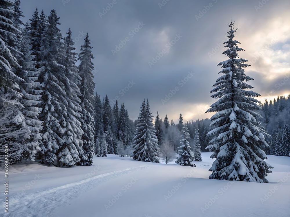 Fototapeta premium Snowladen firs stand beneath a cloudy winter sky