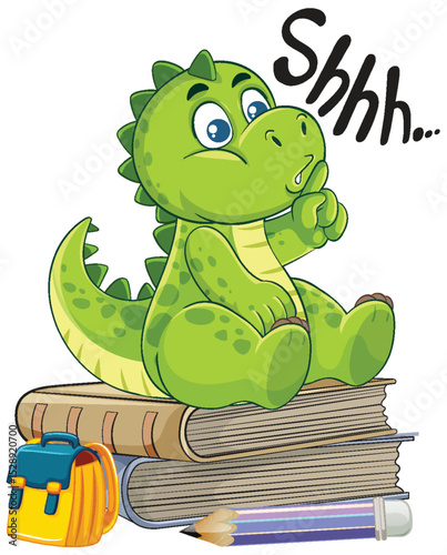 Cute Dinosaur Sitting Quietly on Books