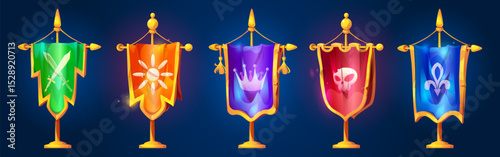 Medieval kingdom banners on golden poles - flag set with sword emblem, sun symbol, crown insignia, skull crest and fleur de lis. Colorful pennants for fantasy game interface or castle decoration.