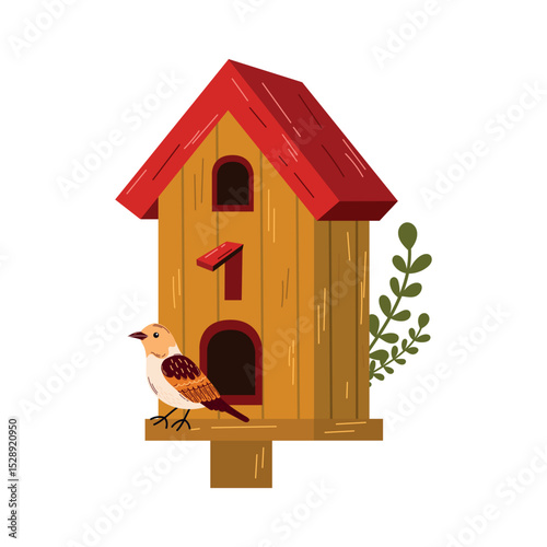 Birdhouse with a bird.Isolated vector illustration of a birdhouse with a cute bird and budding flowers on a white background, whimsical and inviting, symbolizing spring.