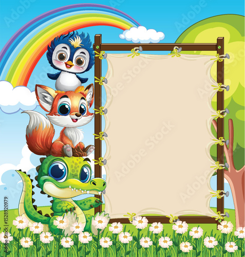 Cute Animals with Rainbow Background