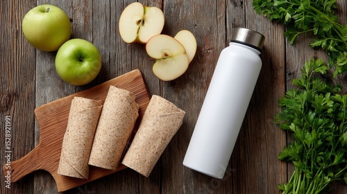 Healthy meal prep scene with wholegrain wraps apples water bottle and fresh parsley on rustic wooden surface photo