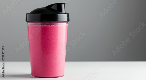 Protein shake in clear blender cup on a neutral background, copy space