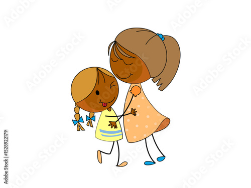 Happy sisters embracing cartoon illustration