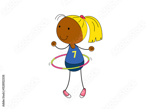 Happy girl playing with hula hoop cartoon illustration
