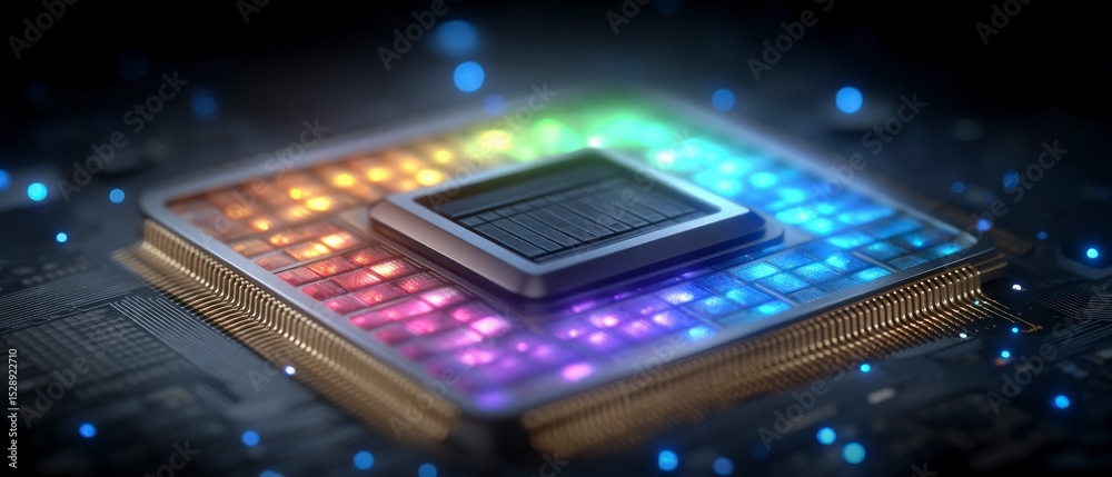 Fototapeta premium High Tech Microprocessor Chip Colorful Circuit Board Close up