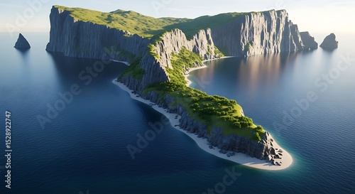 Serene island paradise with lush green cliffs and sandy beach