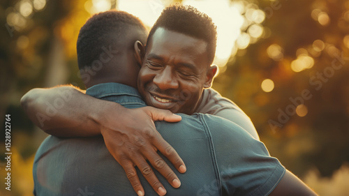 This Two men embrace at sunset, showcasing their friendship and support in a peaceful setting.