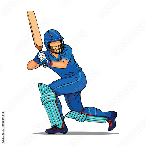 Colorful vector illustration of a cricket batsman in action, mid-swing pose with bat extended