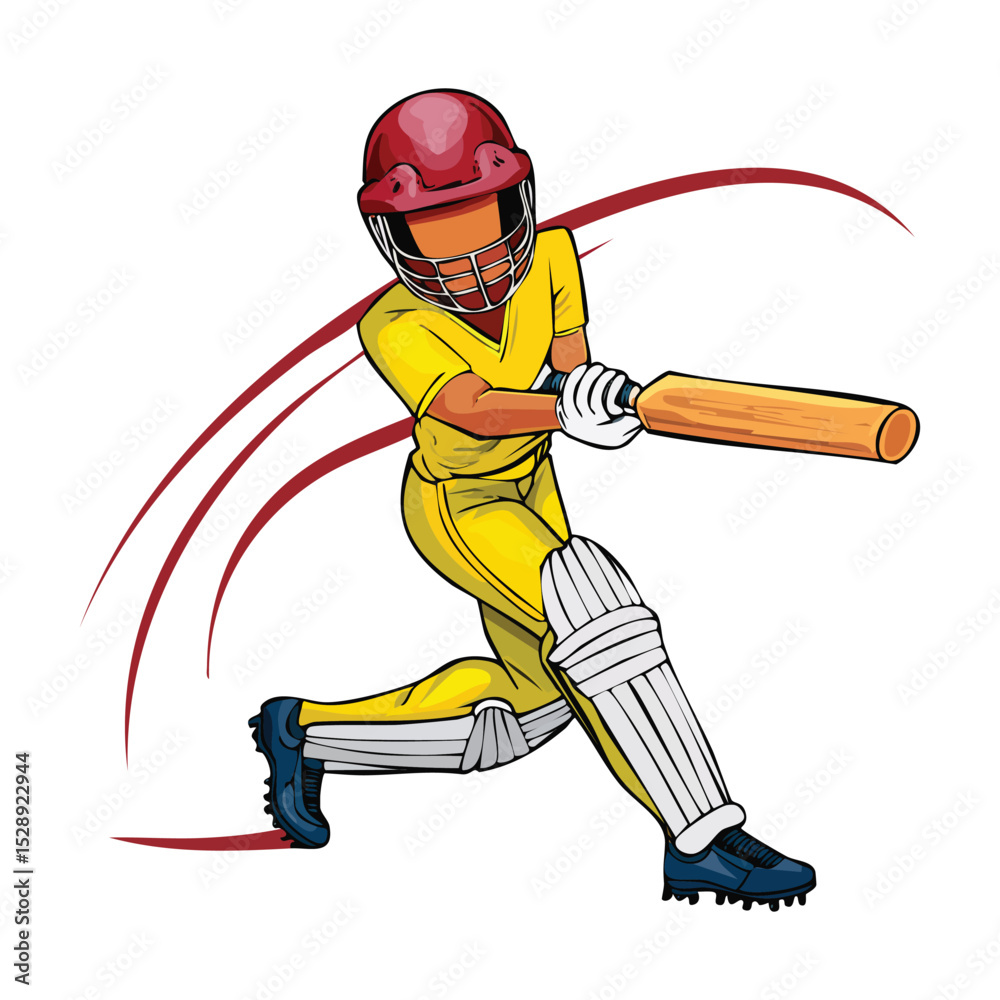 Fototapeta premium Colorful vector illustration of a cricket bowler mid-delivery stride, arm stretched back