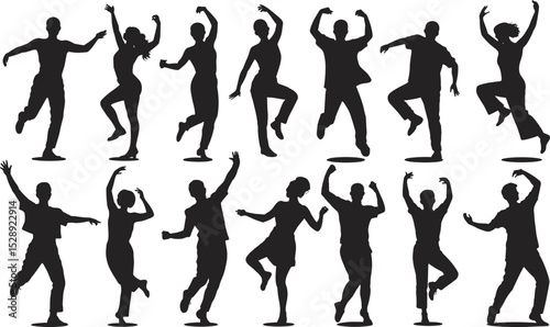 Energetic Group of Dancing People Silhouettes: Dynamic Poses and Joyful Movements in Vector Illustration for Celebrations, Parties, and Active Lifestyle Concepts