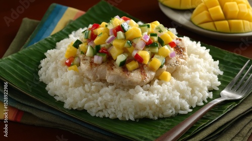 Tropical grilled chicken served with jasmine rice and mangocucumber salsa on banana leaf, vibrant summer cuisine in a colorful setting photo