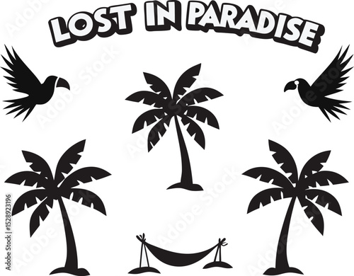 Black and white tropical paradise elements vector illustration with palm trees birds hammock and inspirational typography for design projects