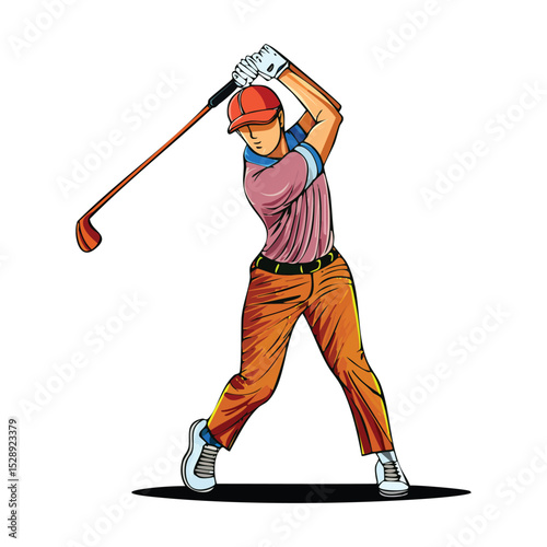 Colorful vector illustration of a golfer in mid-swing, powerful stance and motion arc behind