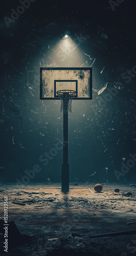An emotional and intense scene of an empty basketball court, with clear beams of light floating around, where a lone basketball hangs in the air.
