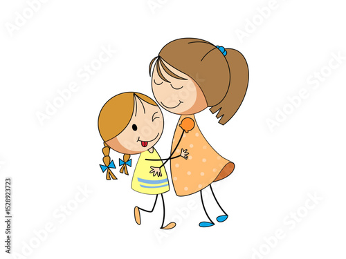 Happy sisters hugging cartoon illustration