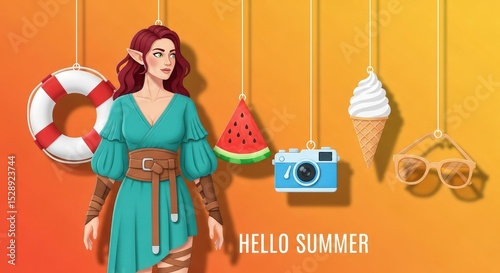 Welcome summer with origami decorations on dark blue. Paper-style vector of ice cream, camera, sunglasses, and more.