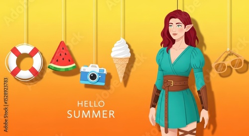 Welcome summer with origami decorations on dark blue. Paper-style vector of ice cream, camera, sunglasses, and more.